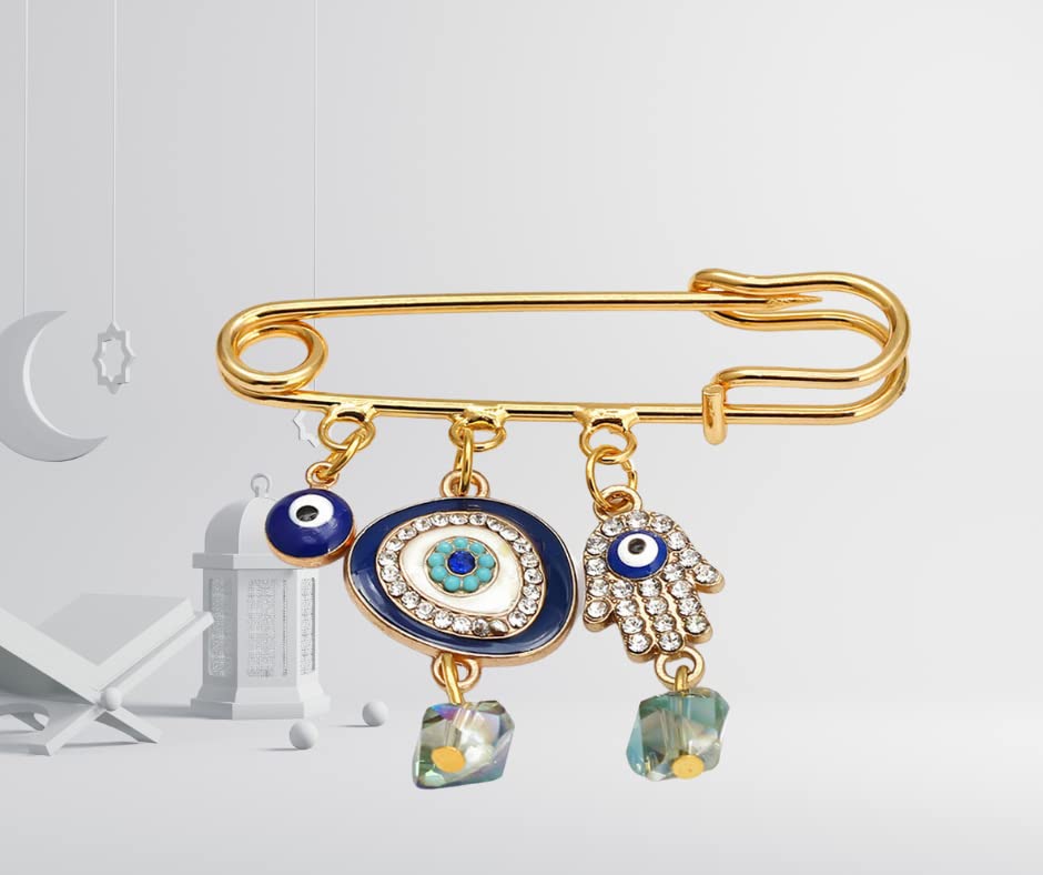 Image of Turkey Evil Eye Rhinestone Charm Blue Lucky Eyeball Hands Brooch Pins Jewelry for Good Luck