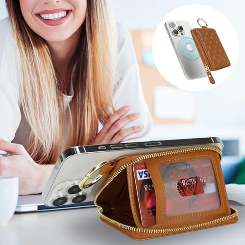 Image of Compatible with MagSafe Wallet,Magnetic Phone Wallet Card Holder for iPhone 17 /16 Pro Max /15 Pro /14 Plus /13 /12 Series,PU Leather Zipper Pocket Adjustable Stand-Brown