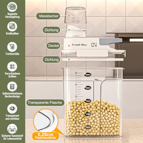 HQEUZ 2er Set Vorratsdose 1.8L Luftdicht Müslidose, Schüttdose Aufbewahrungsbox mit Messbecher für Lebensmittel wie Bohnen, Zucker, Reis, Nüsse, Snacks, Süßigkeiten oder Tierfutter (M. Grau)