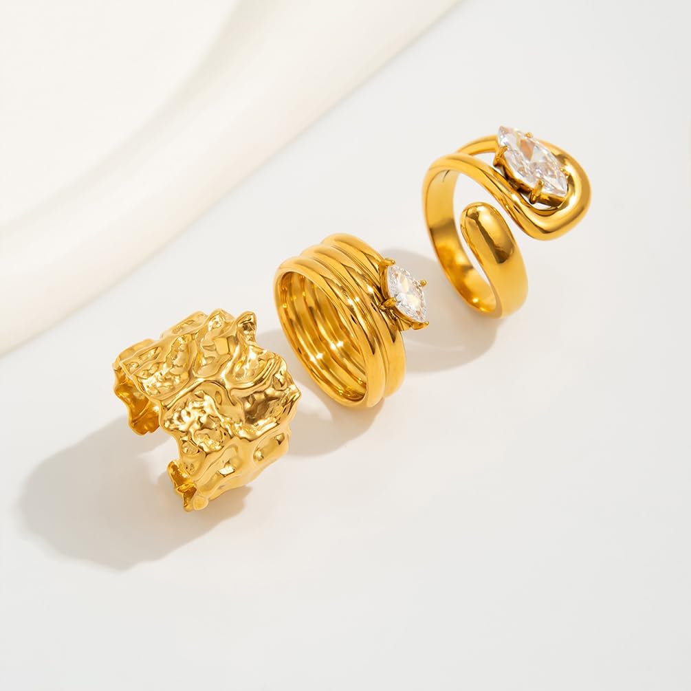 3Pcs Chunky Gold Zirconia Knuckle Finger Rings for Women Non Tarnish Statement Stackable Silver Hammered Thick Y2k Open Ring Unique Party Jewelry Gift - Image 6