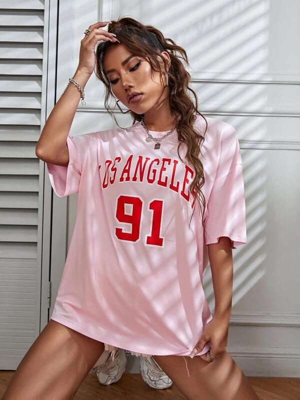 Image of CALM DOWN Round Neck Oversized Printed LA91 T-Shirt for Women