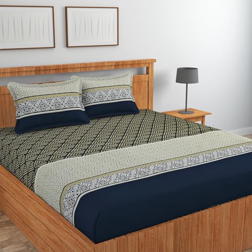 Image of NHD HOME Pure Cotton All Round Elastic Fitted Bedsheets for Double Bed with 2 King Size Pillow Covers 220 TC Supersoft |Wrinkel Free Bed Cover Size - 72x78+10 inches, Green & Beige