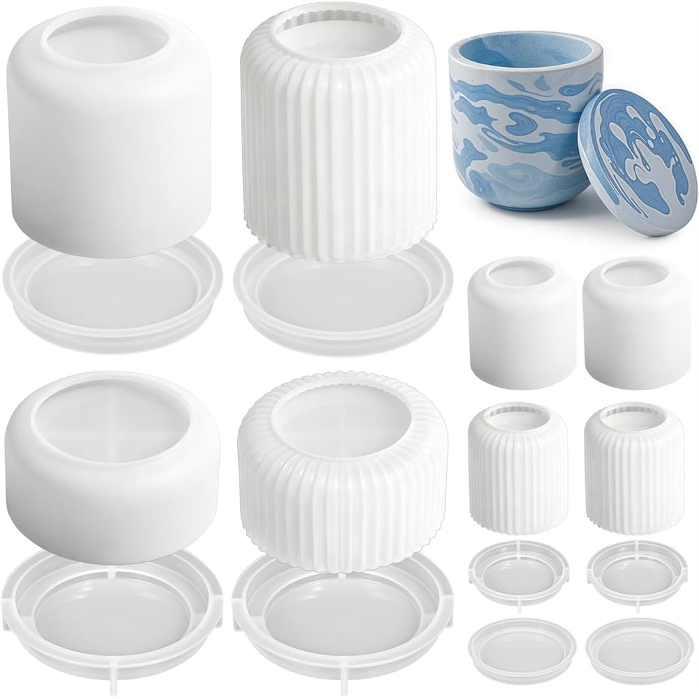 Aundhegrtt Candle Jar Silicone Mold 8 PCS with Lid, Round Stripe Resin Molds Box Storage for Epoxy Jewelry Trinket Holder Organizer