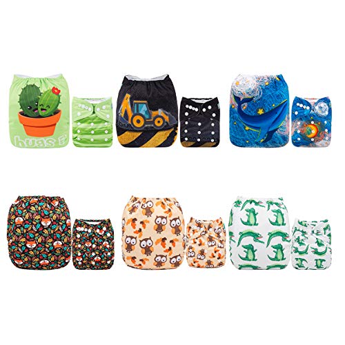 ALVABABY Pack 6pcs Pañales de tela ajustables y lavables de bolsillo + 12 insertos 6DM09-ES
