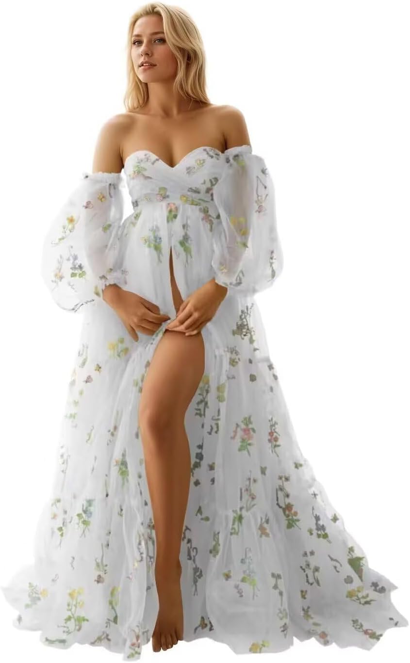 Tianzhihe Flower Embroidery Tulle Maternity Dresses for Photoshoot Ruffles Puffy Sleeve Long Robes for Baby Shower