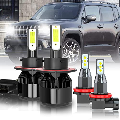 Fit For Jeep Renegade 2015-2018 2019 2020 2021 LED Healights, 9008 High Low Beam H11 Fog Light Bulbs Kit, 60W 10000LM 6000K Xenon White Super Bright LED Replacement Bulbs, Plug and Play, Pack of 4