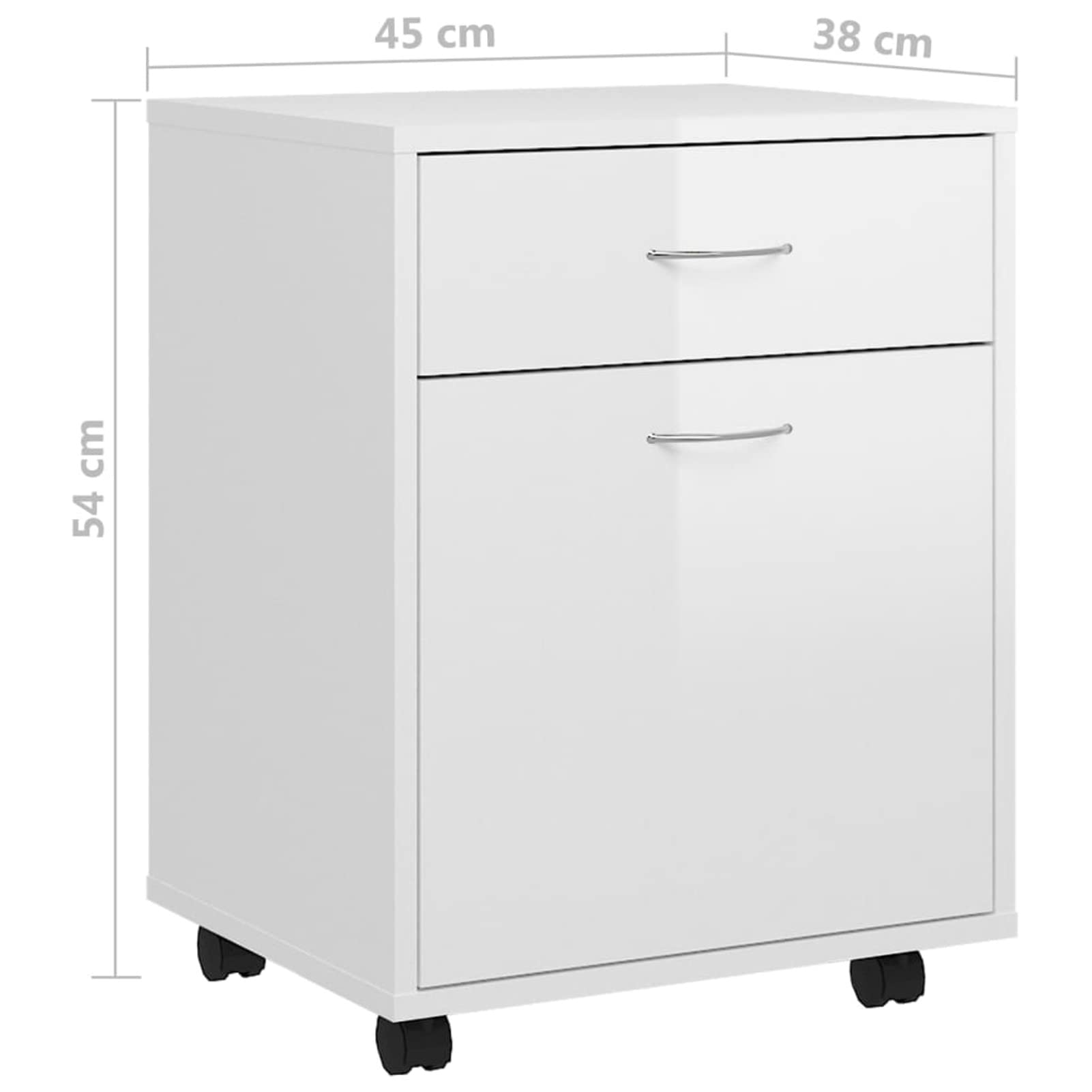 Tidyard Armario con Ruedas Cajonera Escritorio 1 Puerta y 1 cajón, Cajonera Oficina, Armario Archivador, Archivador Oficina,Cajonera Baja, Archivador Cajonera,aglomerado Blanco con Brillo 45x38x54 cm