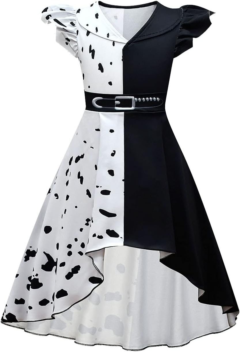 IDOPIPCruella Deville Costume for Girls Villain Evil Queen Dalmatian Black White Dress/Coat Halloween Birthday Cosplay Party Fancy Dress up Outfits 4-12 Years