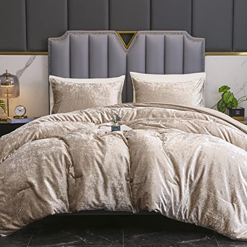 Yozen Champagne Queen Korean Velvet Comforter Set (90X90 Inch), 3 Pieces Solid Luxury Textured Soft Comforter With 2 Pillowcases, Lightweight Microfiber Down Alternative Bedding Set For All Season #TOP3