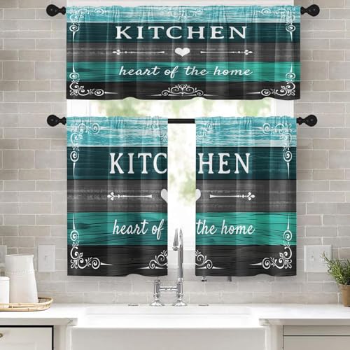 Tayney Farmhouse Rustic Kitchen Window Curtains Valance and Tier Set 36 Inch, Teal Turquoise Grey Rod Pocket Short Tier Curtain for Bathroom, Wooden Vintage Small Cafe Drapes for Kitchen Decor