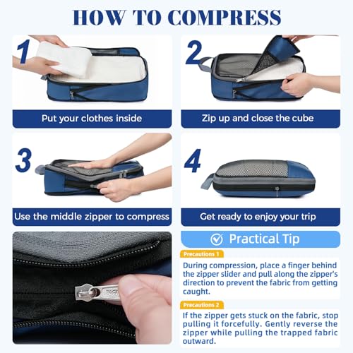 Image of BAGAIL 4 Set /6 Set /8 Set Compression Packing Cubes Travel Accessories Expandable Packing Organizers(HalfMesh,8-Navy)