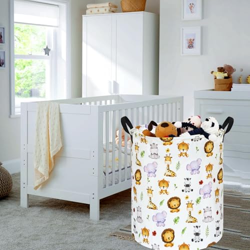 Image of Kids Laundry Hamper Clothes Gift Basket Storage Laundry Baskets Organizer Bin with Handles for Nursery Room (Tiger Animals)