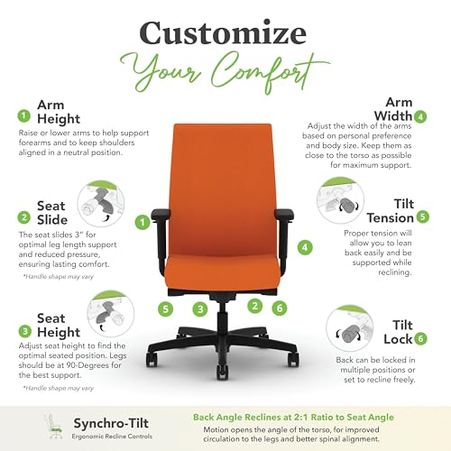 Image of HON Ignition 2.0 Fabric Office Chair, Upholstered, Adjustable Arms, Advanced Synchro-Tilt Recline Executive Ergonomic Office Chair, Black Frame, Apricot