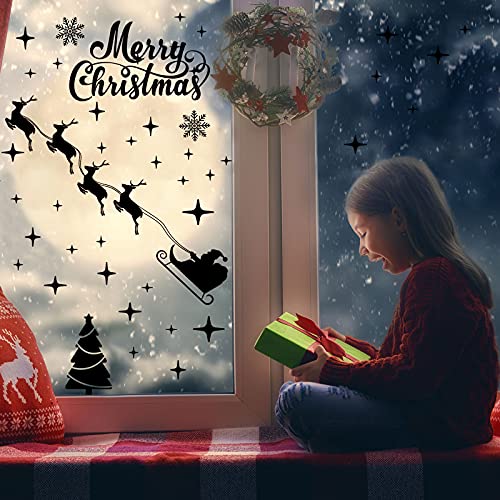 2 Sheets Christmas Tree Wall Decal Christmas Quotes Wall Sticker Santa Claus Snowflake Sticker Merry Christmas Quote Stickers Reindeer Star Wall Art Decal For Home And Party Decorations (Black) #TOP5