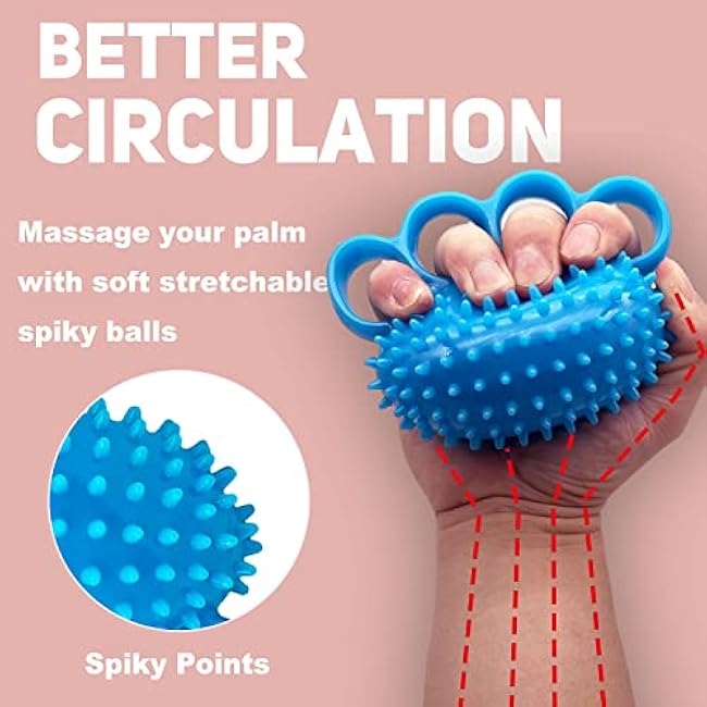 Hand Grip Strengthener with Finger Rings Soft Stretchable Spikey Ball Trainer for Finger and Hand Exercise (Blue)