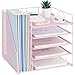 LEKETREE Desk Organizers and Accessories, 5-Tier Paper Letter Tray Organizer with File Holder, Desktop Organizer for Office Supplies (Pink)