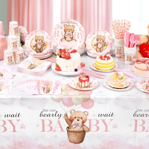 Image of Funnymoom 452 Pcs 50 Guests We Can Bearly Wait Baby Shower Decorations Girl, Blue Baby Girl Shower Paper Plates Napkins Cups Tablecloth Cutlery Straws Tableware Set for Gender Reveal Party Supplies