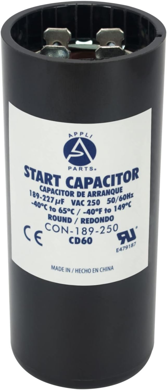 Appli Parts Motor Start Capacitor 189-227 Mfd (microfarads) uF 250 VAC Universal fit for Electric Motor Applications 1-7/16 in Wide 3-3/8 in Height CON-189-250