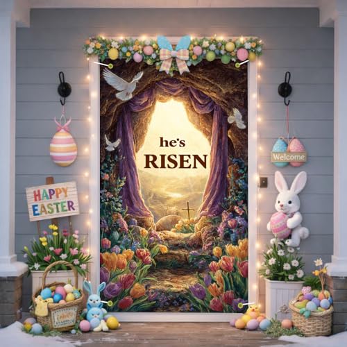 Image of Easter Door Cover 35.43 x 70.87 Inch Sunlit Floral Cave Entrance with Spring Landscape Draped Fabric Tulips and Doves Ideal for Seasonal Home Decoration and Easter Themed Door Display