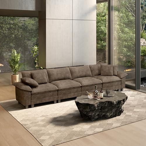 Image of HERA'S HOUSE 158 inch Oversized Modular Sectional Straight Sofa,Chenille Taupe | 4-Seater Living Room Couches, Wider Armrest and Deep Seat, Comfy Cloud Couch with Ottoman, Grayish Brown