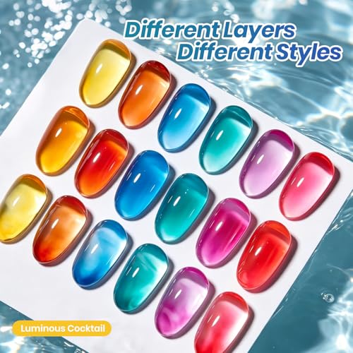 Image of Beetles Jelly Gel Nail Polish Set, Luminous Cocktail 6 Colors Fall Gel | Sheer Gel Polish Kit Yellow Orange Purple Blue Green Red Translucent Effect Soak off UV DIY at Home Gift for Women