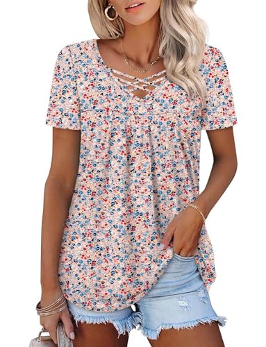 ONLYSHE Womens Summer Short Sleeve Shirts V Neck Tops Casual Tunic Floral Ruffle Blouse