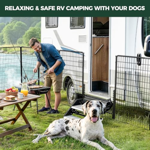 Image of FXW Rollick Dog Playpen with RV Step Grid for RV Camping, 50 inch H, 16 Panels | Easy Setup & Sturdy, Blocks RV Stair Gaps, Fits RV Steps up to 30 inchW, For Large Dogs, Patented