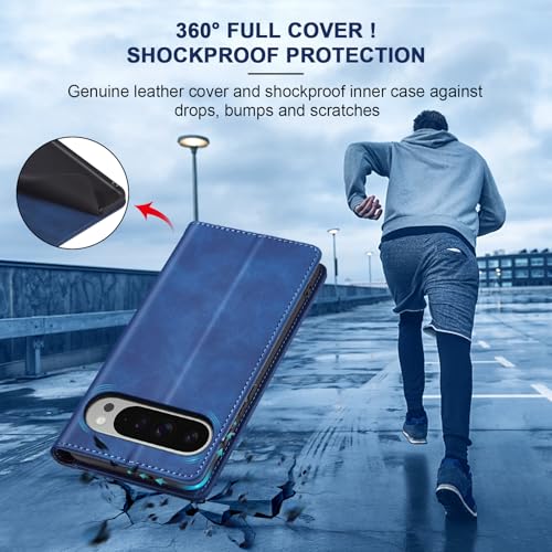 Image of Jasonyu Flip Wallet Case for Google Pixel 9 Pro XL,Leather Magnetic Folio Cover with Card Holder,Kickstand - TPU Shockproof Durable Protective Phone Case,Blue