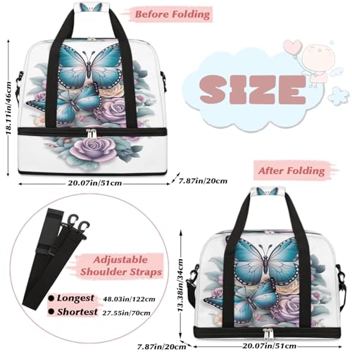 Travel Duffel Bags Floral Butterfly Foldable Weekender Bags for Women with Shoes Compartment Waterproof & Tear Resistant Carry on Overnight Luggage Duffel Bag Shoulder Sports Tote Bag2
