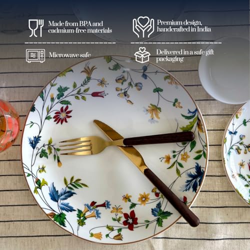 Image of GOLDEN QUEEN'S Handcrafted Dinner Plates: Set of 2 | Perfect for Hosting and Daily Meals | Microwave Safe Plates | 11 inch | Serves 2 - Summer Florals Dinner Plates