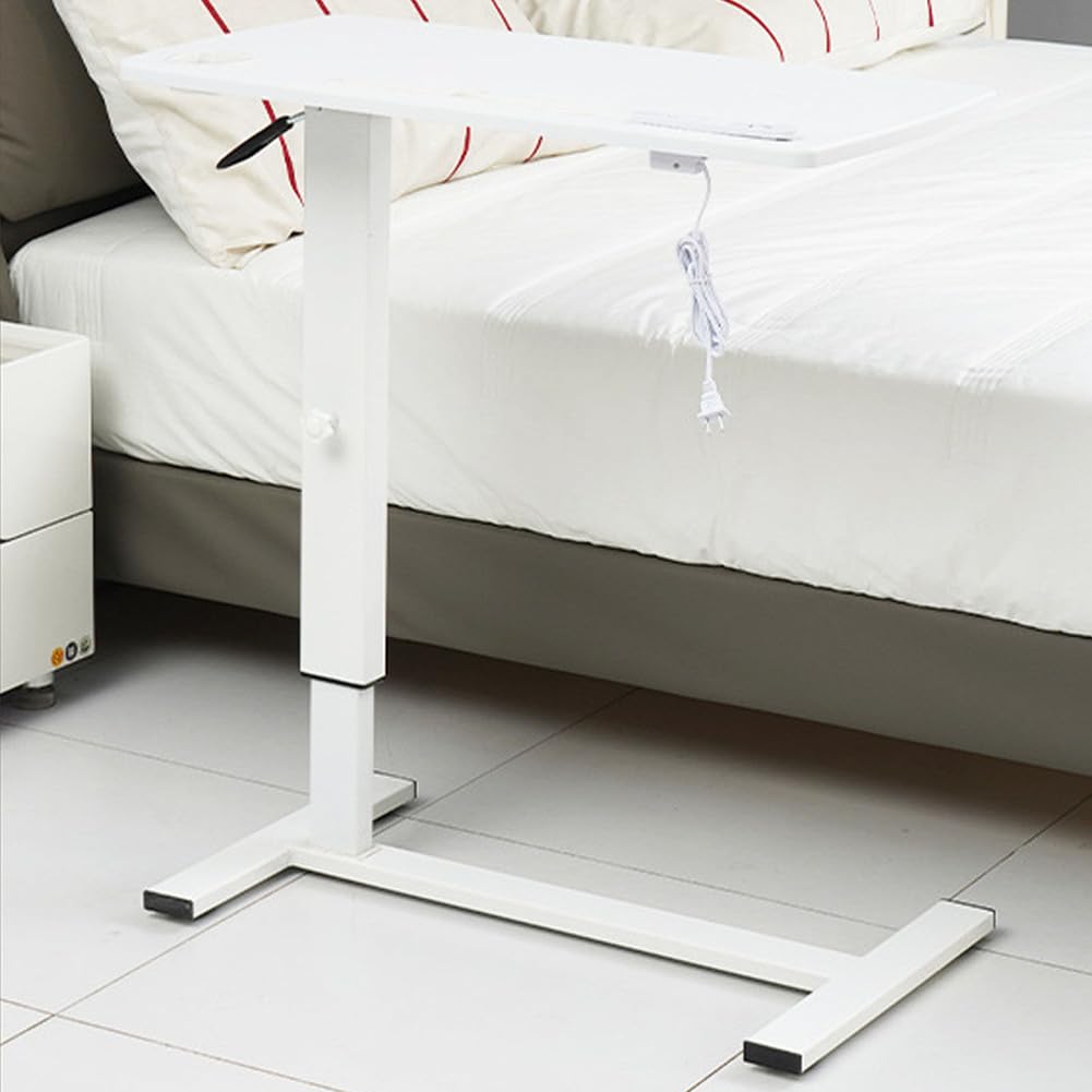 SXZenSpace C Shaped End Tables with 360° Swivel Wheels, Sofa Side Table Adjustable Height And USB,Big Tabletop under Couch for Living Room,white