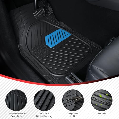 Image of Coverado Automotive Floor Mats, Heavy Duty Rubber Car Floor Mats, Deep Dish All-Weather Floor Mats for Cars, Anti-Slip Trim to Fit Waterproof Car Floor Mat Universal Fit for Most Cars, Black&Blue
