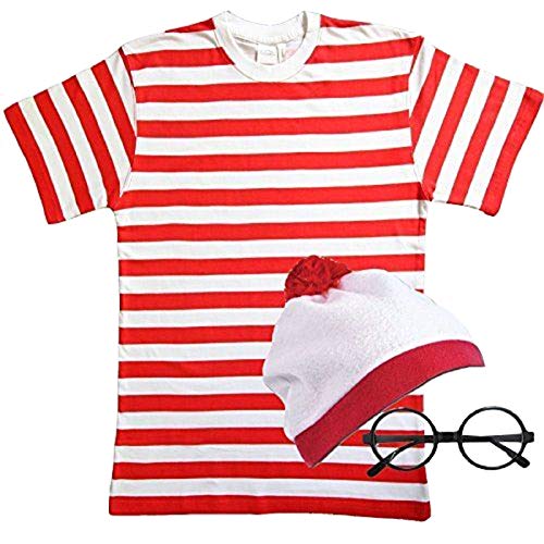 Zeetaq Children's Red & White Striped Fancy Dress 3 Piece Set (3 Piece Set (T-Shirt+Hat+Glasses), 11-12 Years)