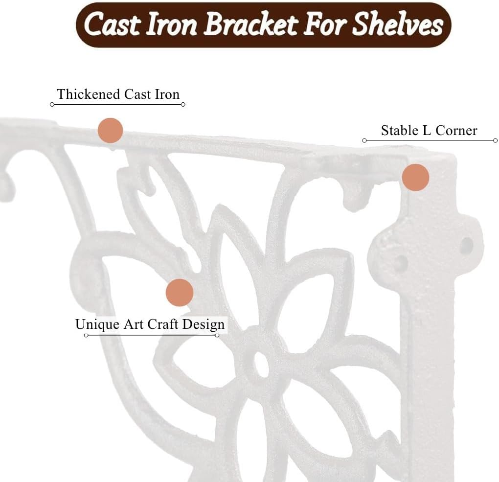 Z Metnal Cast Iron Heavy Duty Shelves Bracket, 9.75 inch Decorative Shelf Brackets, 90° Right Angle Wall Hanging, Vintage Style, Sturdy Countertop Brackets, Mantel Brackets, White, 2 Pcs