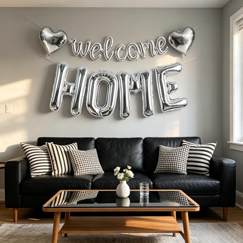 Image of TONIFUL 2 Size Silver WELCOME HOME Foil Balloons Banner Letter Decorations