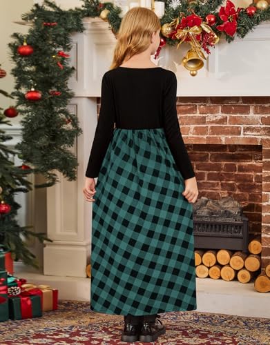 Image of KYMIDY Girl Maxi Dress Kids Casual Buffalo Check Plaid Long Sleeve Dresses with Pockets(6-14yrs)