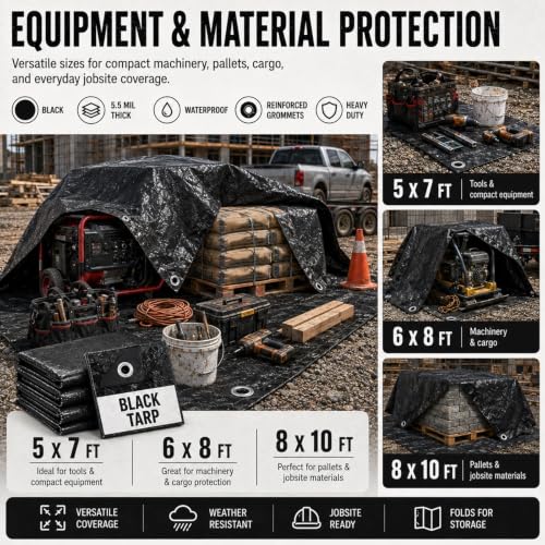 Image of 4 Pack 6 x 8 ft 5.5 Mil Large Tarps Heavy Duty Waterproof Tarp Multi Purpose Tent Cover for Home Boats Cars Camping Patio Furniture Roof Emergency Rain Protective Cover, Black