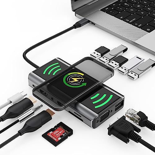 Kixuny USB C Docking Station Dual Monitor, 14-in-1 Triple Display Laptop Docking Station with Wireless Charging+2 HDMI 4K+VGA+Ethernet+100W PD+SD/TF+Audio+5 USB Work for Dell/HP/Lenovo Computer
