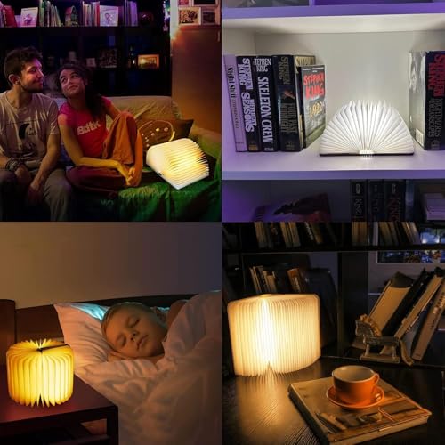 Image of PLUSPOINT Foldable Book Lamp Wooden Paper LED Mood Light, USB Rechargeable Night Light, Bedside Wooden Table Lamp, Home Decor, Office Gift for Book Lovers