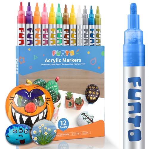 Image of Funto Acrylic Paint Pens for Rock Painting, Fabric, Wood, Canvas, Metal, Ceramic, Glass, 12 Colors Paint Marker Set, Non-Toxic, Quick Drying