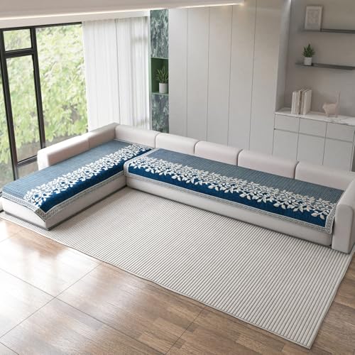 Image of Nendle Superior Velvet Floral Sofa Mat 7 Seater Set Cover Durable Protector for Living Room Sofa Set 4+3, Suitable for L Shape, Sectional and U Shape Sofa (Blue, Pack of 2)