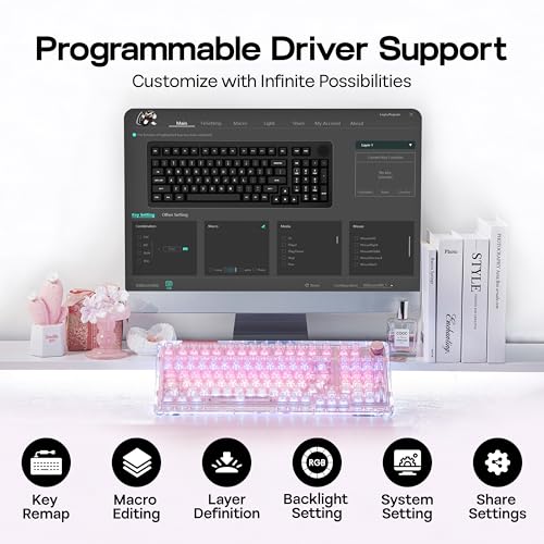 Image of KiiBoom Phantom 98 Crystal Mechanical Gaming Keyboard, Transparent Keyboard with RGB Backlits, Hot-Swappable, Shine Through Clear Keycaps, 3 Modes Wireless, 8000mAh Battery, NKRO for Win /Mac (Pink)