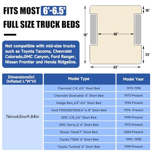 Umbrauto Truck Air Mattress for 6-6.5ft Full Size Truck Bed, Rechargeable Wireless Pump, Upgraded Peach Skin Fabric Top, Pickup Tent Airbed for Outdoor Travel