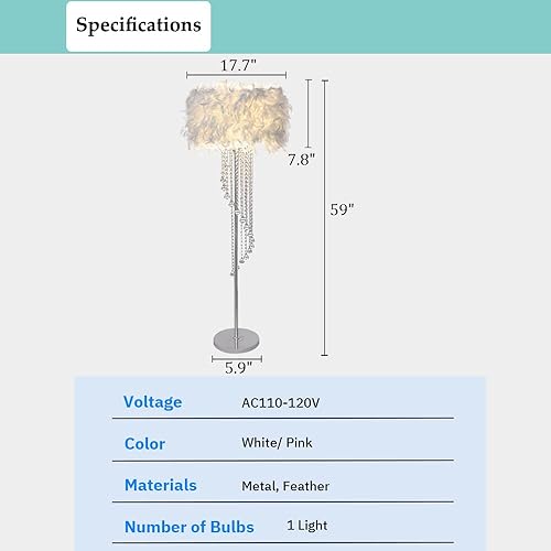 Miniatura 7 de Lámpara de pie de plumas, lámpara de pie moderna con borla de cristal, lámpara de pie de noche para dormitorio en blanco