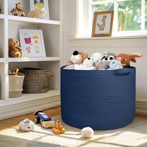 Image of MEGASKET 115L Dark Blue Basket for Organizing, 23.6 inch x 15.7 inch XXXL Woven Cotton Rope Laundry Basket, Oversized Blanket Storage for Living Room Bedroom, Kids Toy Box Organizer, Pool Towel Storage Bin