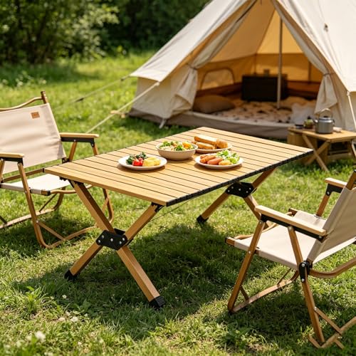 Whnoorher Mesa de Camping Ultraligera portátil de Acero al Carbono, Mesa Baja de Picnic, Mesa Enrollable Plegable para cocinar al Aire Libre, Coche, RV, Viaje(Wood,60cm)