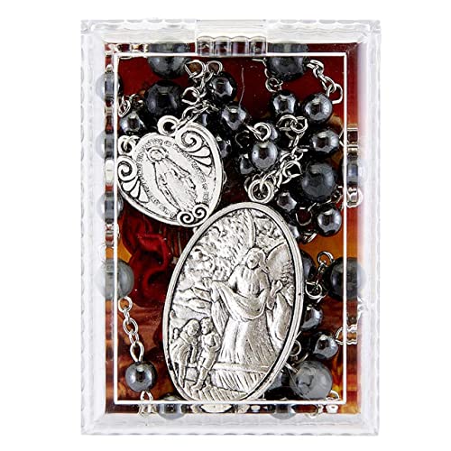 Saint Michael Chaplet with Recitation Instructions Hematite Pearl 6mm bead rosary and Tri-fold Prayer Card, Gray, One-Size2