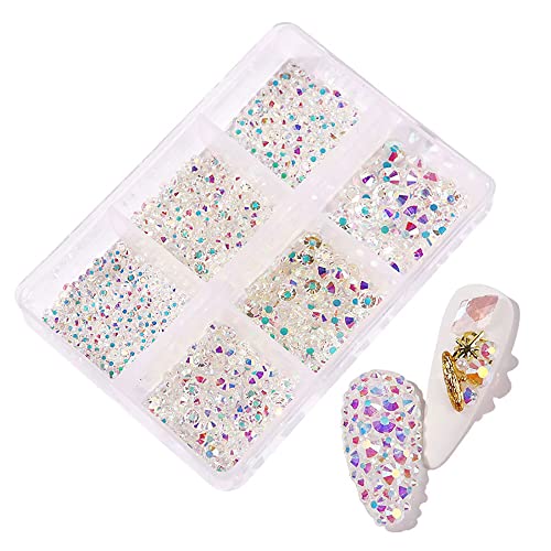 GOGOONLY Boxed Nail Crystals Nail Art Rhinestones Round Beads Flatback Glass Charms Gems Stones, 6 Sizes for Nails Decoration Makeup Clothes Shoes (Iridescent Clear)