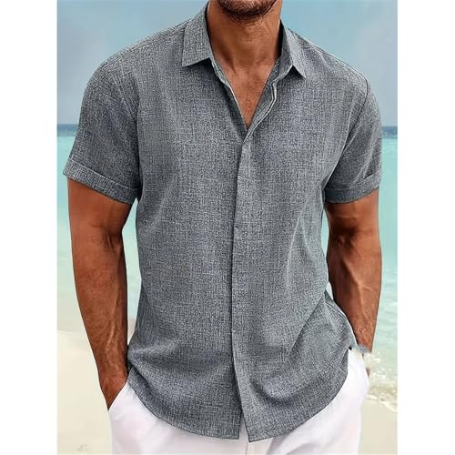 Men's Fashion Casual Solid Color Shirt Button Linen Cotton Short Sleeve Button-Down Shirt2