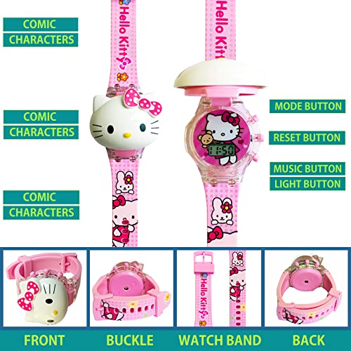 Image of Brishti 3D Kitty Cat Character Multicolored Glowing Light and Musical Digital Girl's Wrist Watch | Unique Cute Cartoon Character on Strap | Soft Silicone Strap | Suitable for Age 3-12 Year Kids